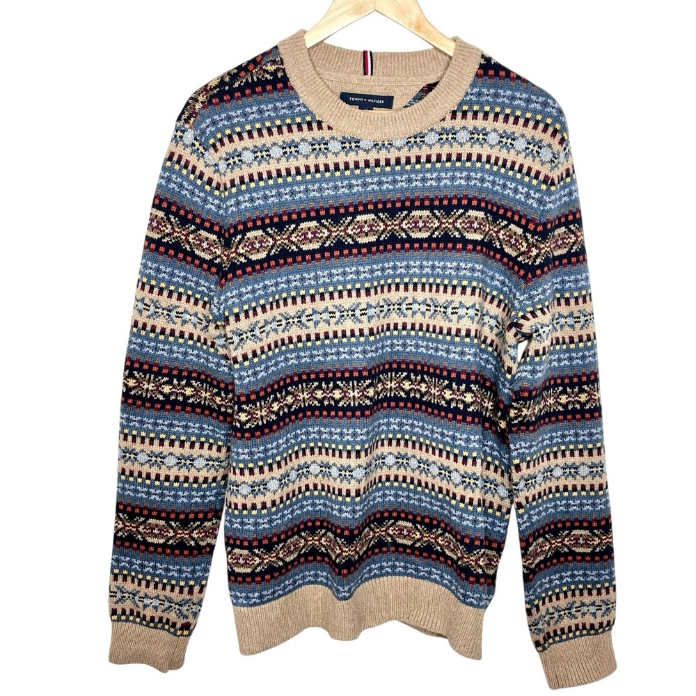 Tommy Hilfiger Fair Isle Wool Blend Sweater Mens Size L Colorful Crewneck Ski